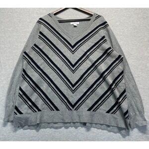 Liz Claiborne Sweater Womens 1X Gray Black Chevron Striped V Neck Tight Knit